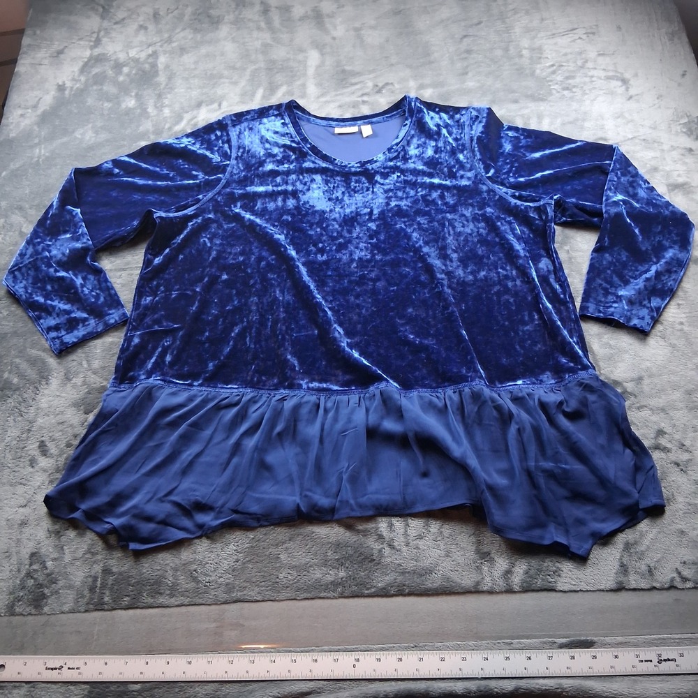 LOGO Lori Goldstein Velvet Tunic 2X Blue Chiffon Trim Ruffle Hem Long Sleeve - Picture 2 of 8